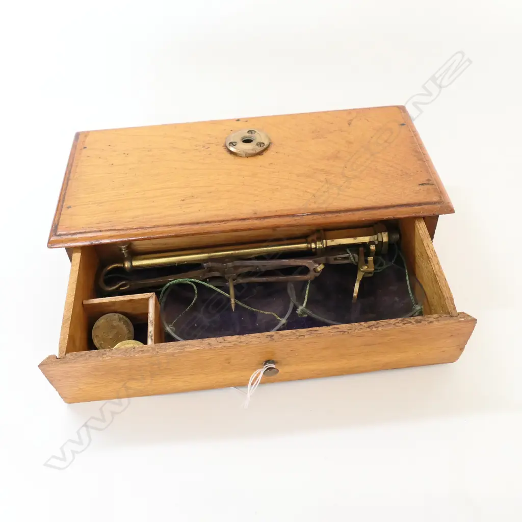 SET OF OAK CASED BRASS SCALES w GLASS PANS, SELECTION OF WEIGHTS. W.235mm Image 1++
